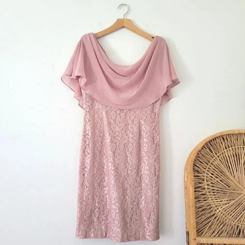 Jessica Howard Glitter Lace Sheath Dress with Attached Capelet Pink 6
